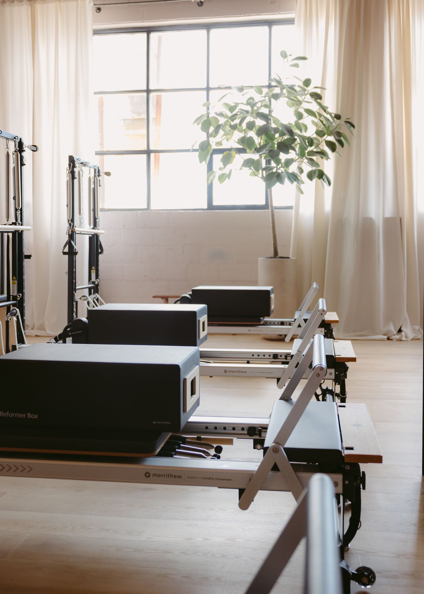 Reformers arranged by the window in the bright Leaside Pilates studio